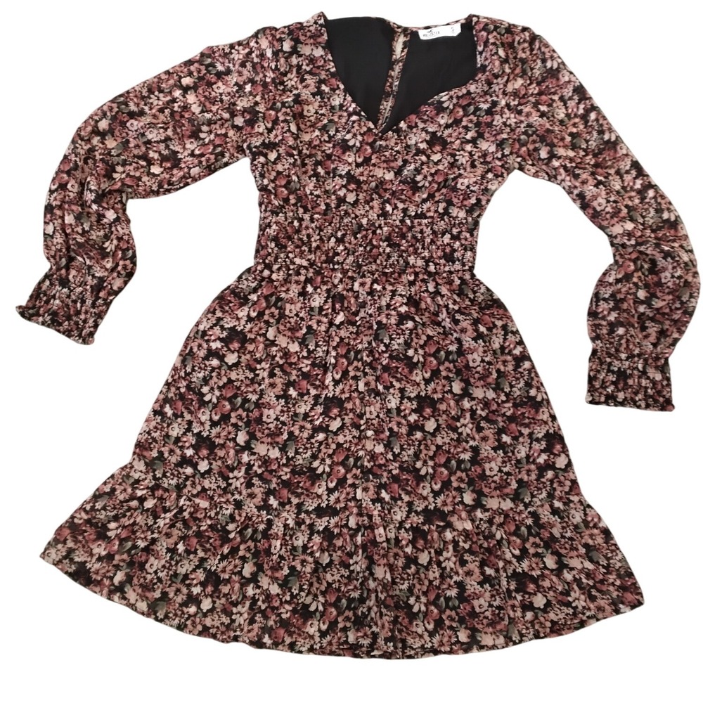 Hollister Floral‎ Print Mini Dress Smocked Waist Long Sleeve Womens Small